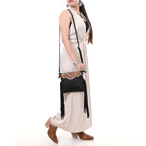 American Darling Black Quilted Leather Fringe Crossbody with Tooled Floral Top - Picture 2 of 7